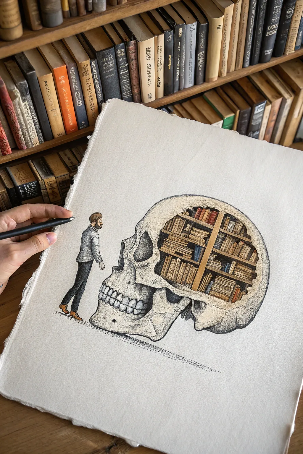 Skull-shaped inner library illustration with minimalist linework and cozy shadows for deep drawing ideas.