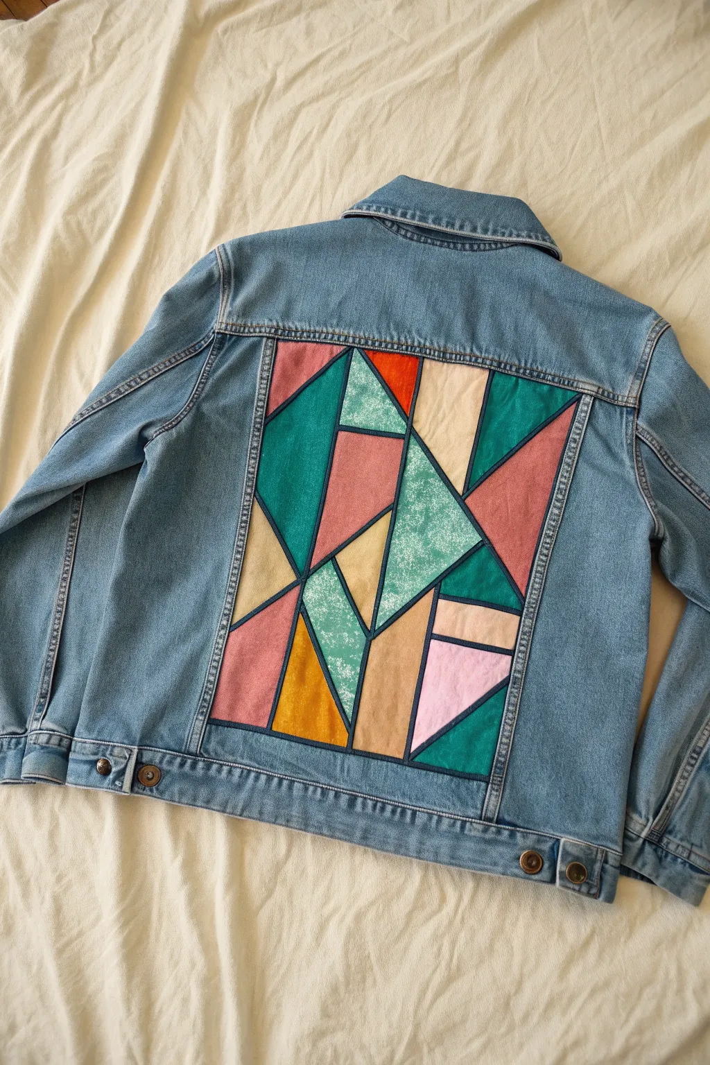 Stained-glass color blocks with bold black outlines for a striking denim jacket back panel