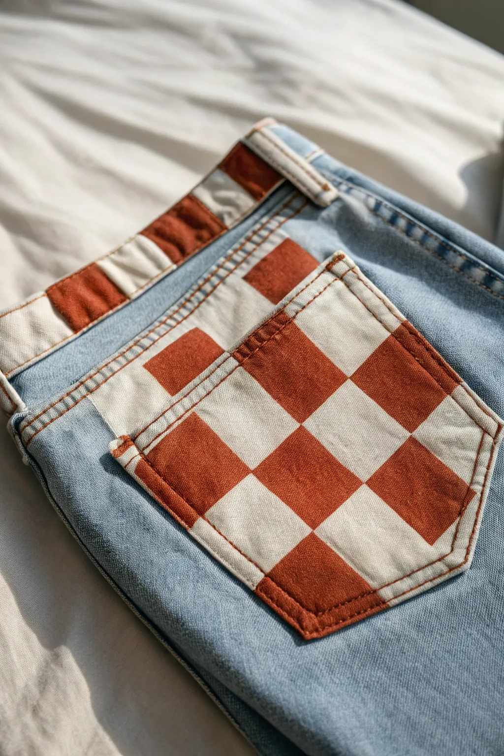 Paint a crisp checkerboard on a denim pocket using two bold tones and let the stitching shine.