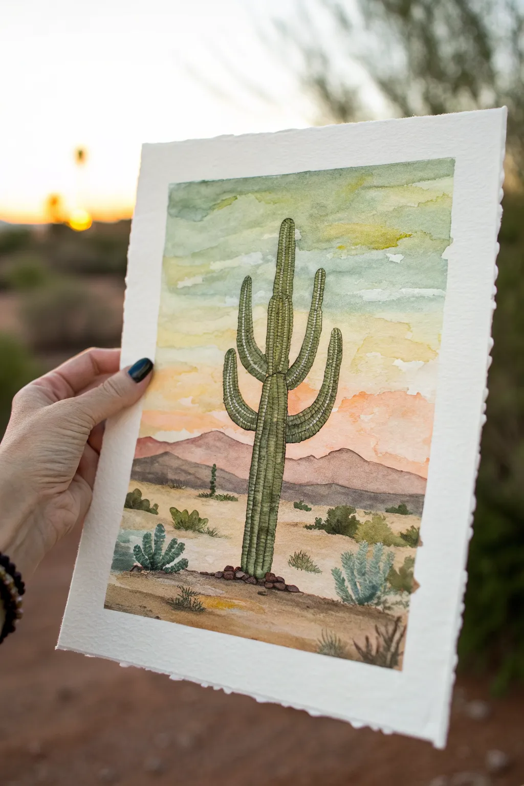 Fast scraped-paint cactus texture on a simple desert wash for an easy, bold desert painting idea.