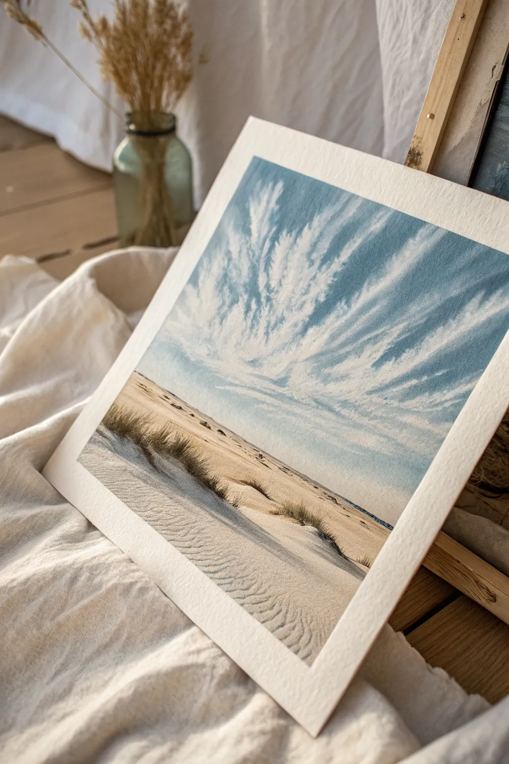 Wind-swept desert sky study in soft watercolor, minimalist boho tones and airy cloud streaks