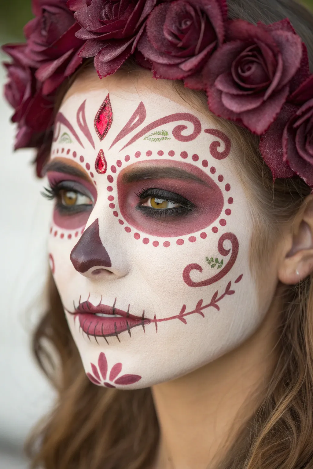 Minimal Día de los Muertos face paint with a bold forehead rosette and a single center jewel