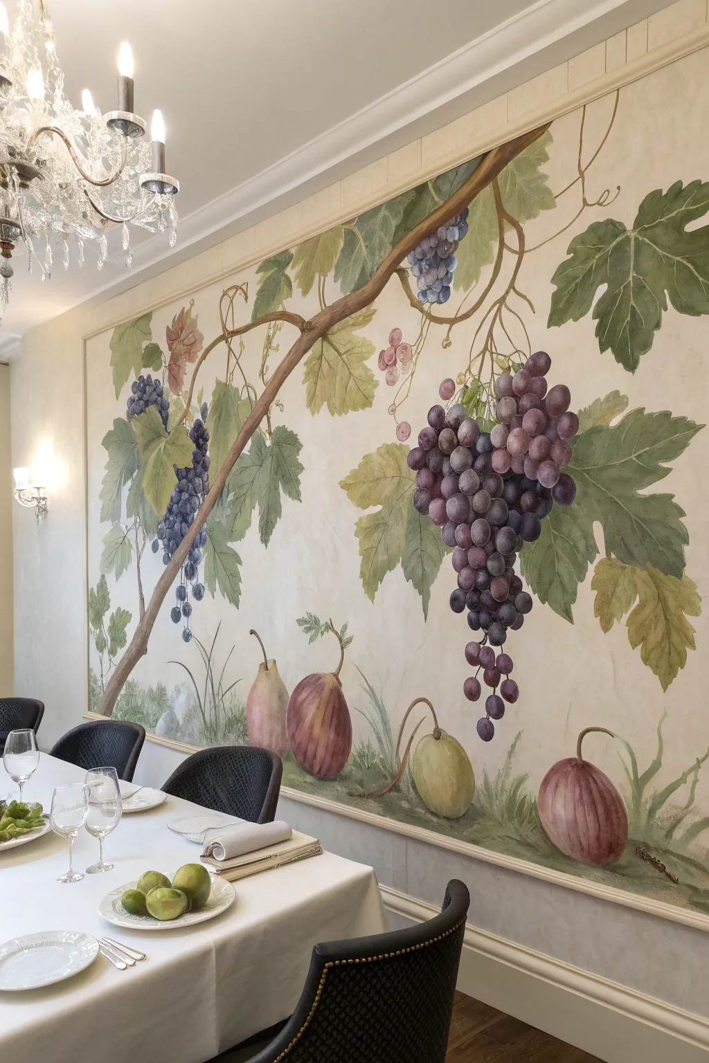 Painterly vineyard mural brings handcrafted calm and ripe color to a minimalist dining wall.