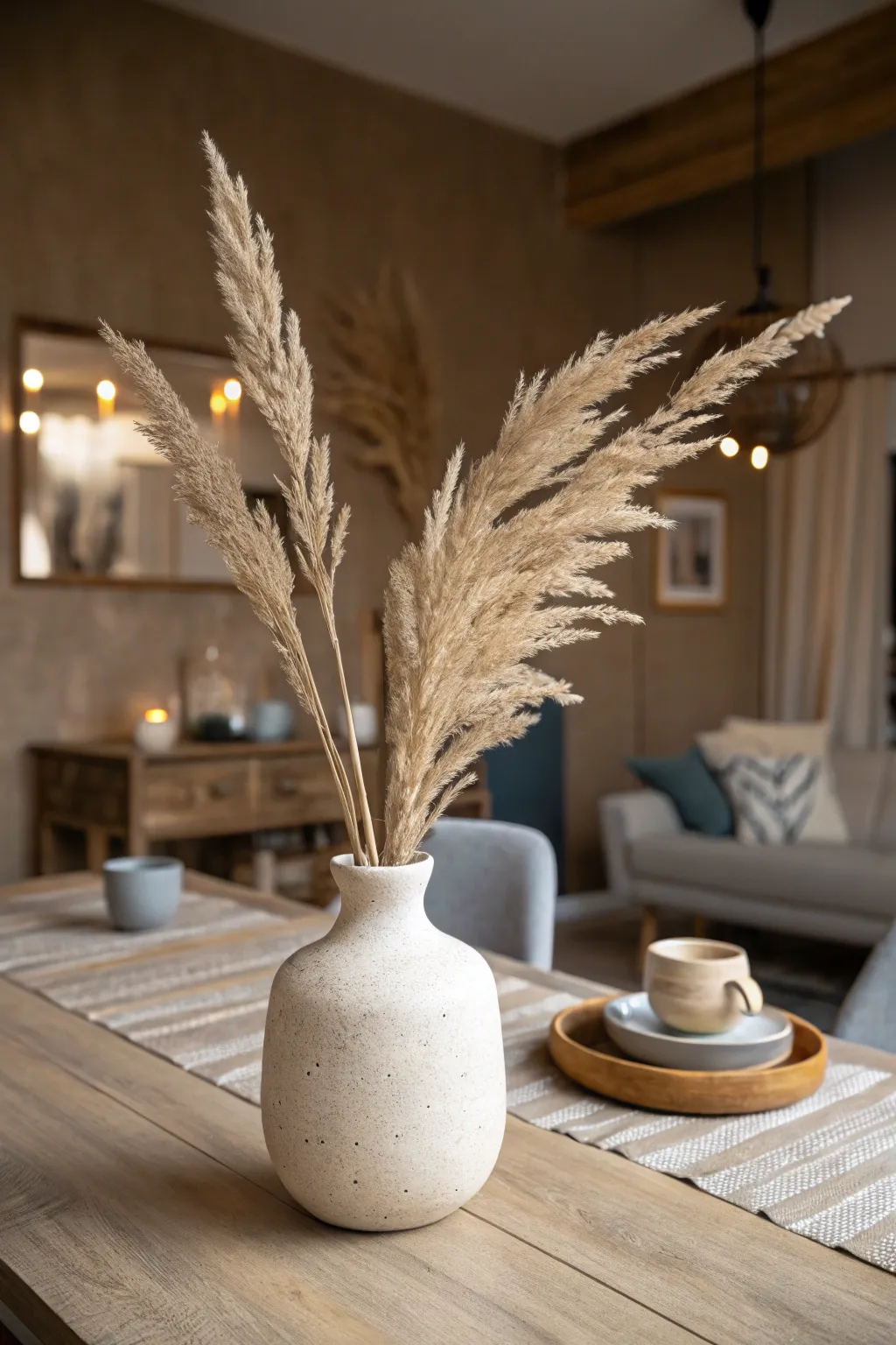 Caramel brown walls with warm neutrals make your dining room feel like a cozy cafe at dusk.