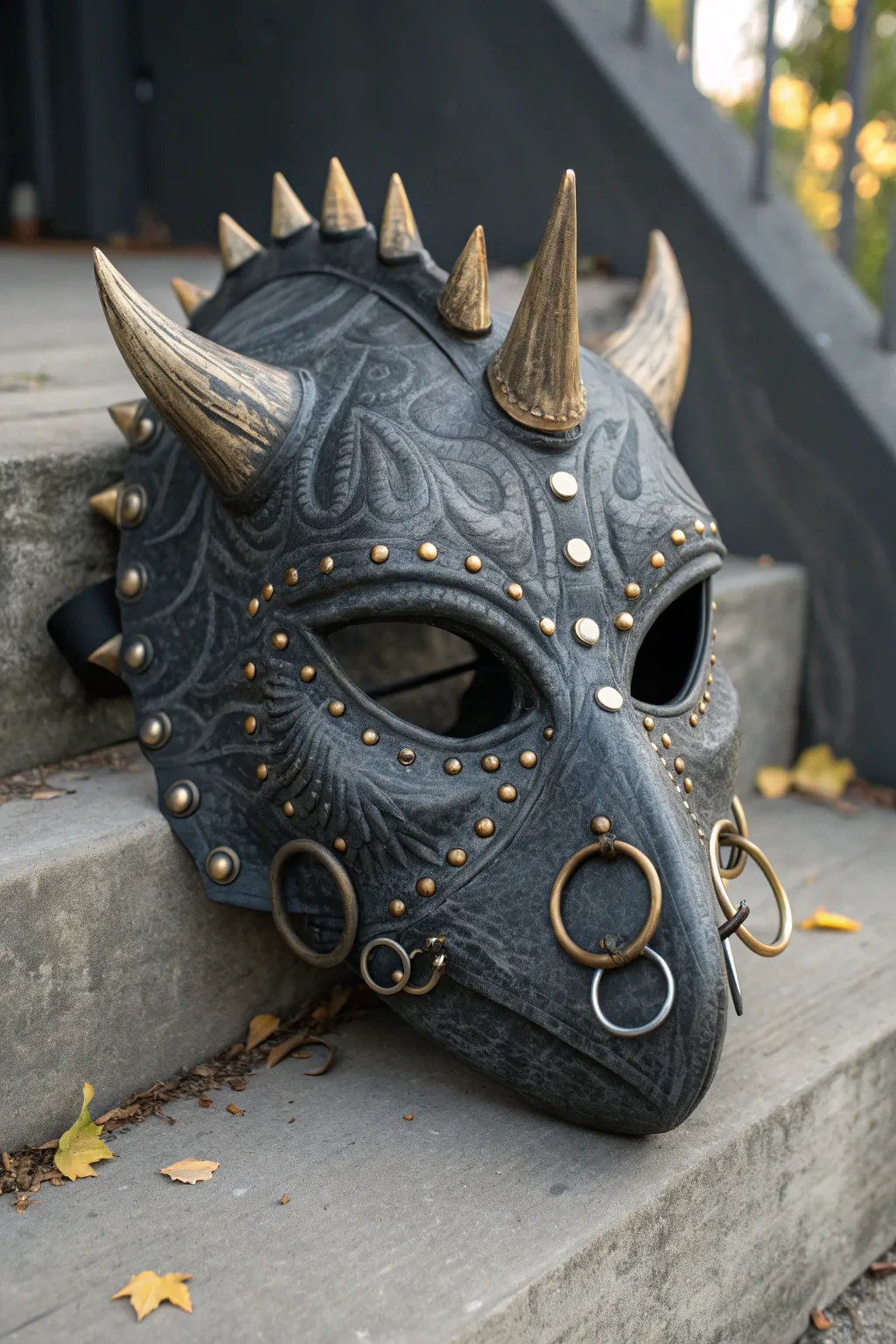 Punk pierced dino mask with scuffed paint and silver rings, bold contrast and gritty style