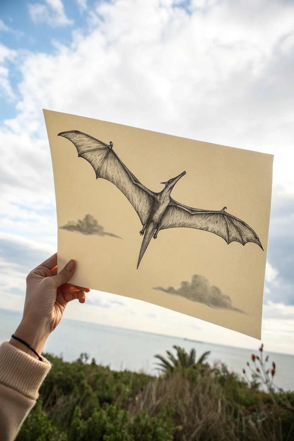 Graceful pterosaur soaring over soft clouds in a minimalist Scandinavian boho drawing