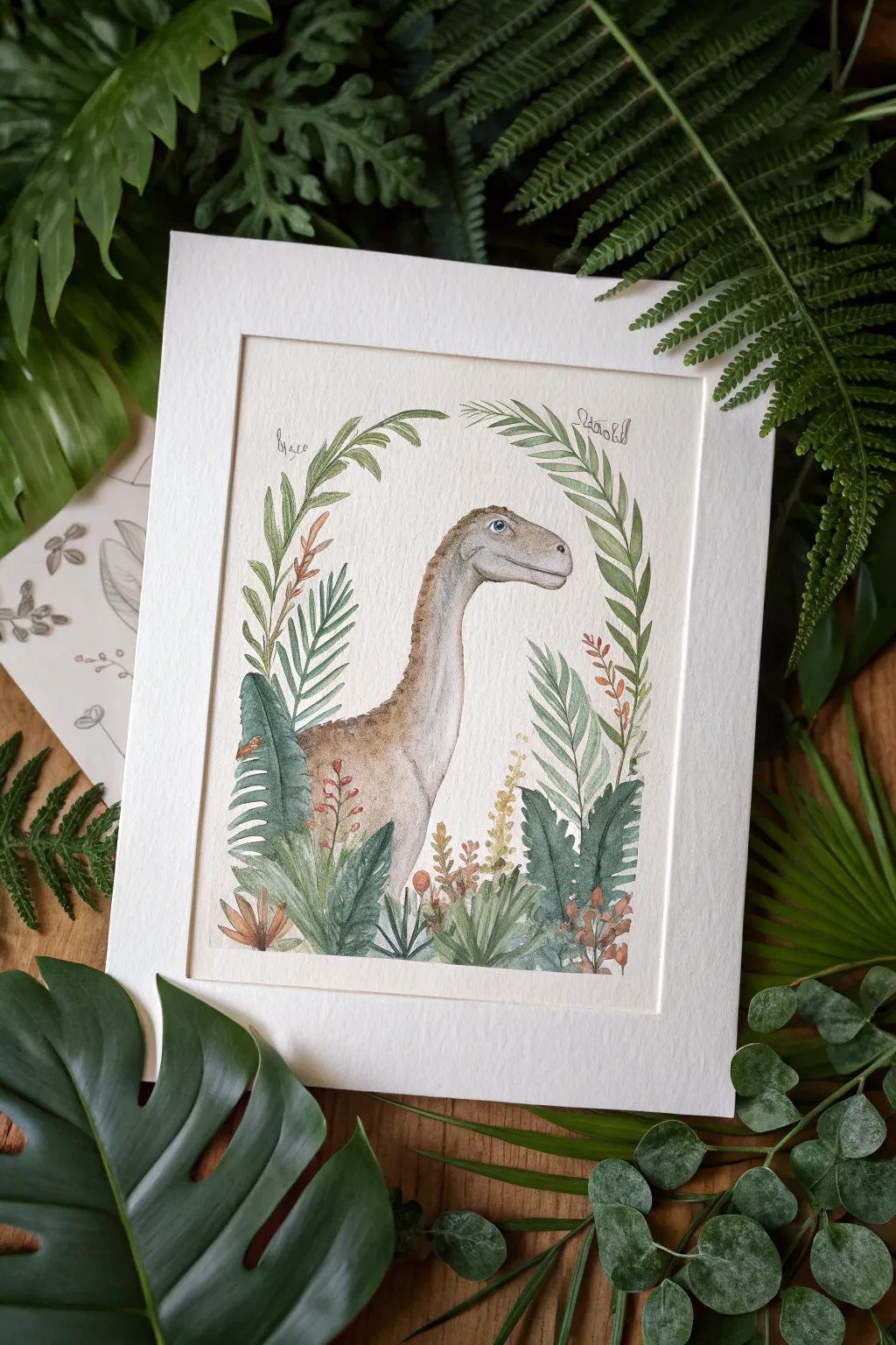 Paint a sweet dino portrait inside a lush palm and fern border for a modern jungle frame.