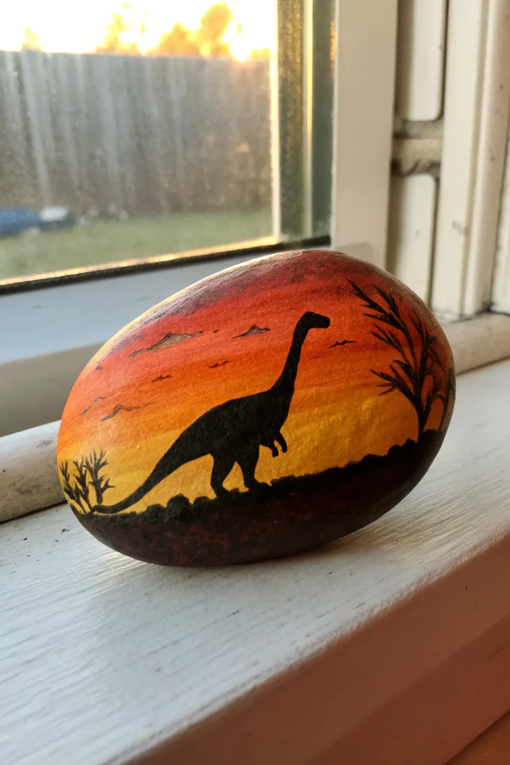 Sunset gradient dinosaur rock: simple black silhouette on warm sky for minimalist boho vibes.