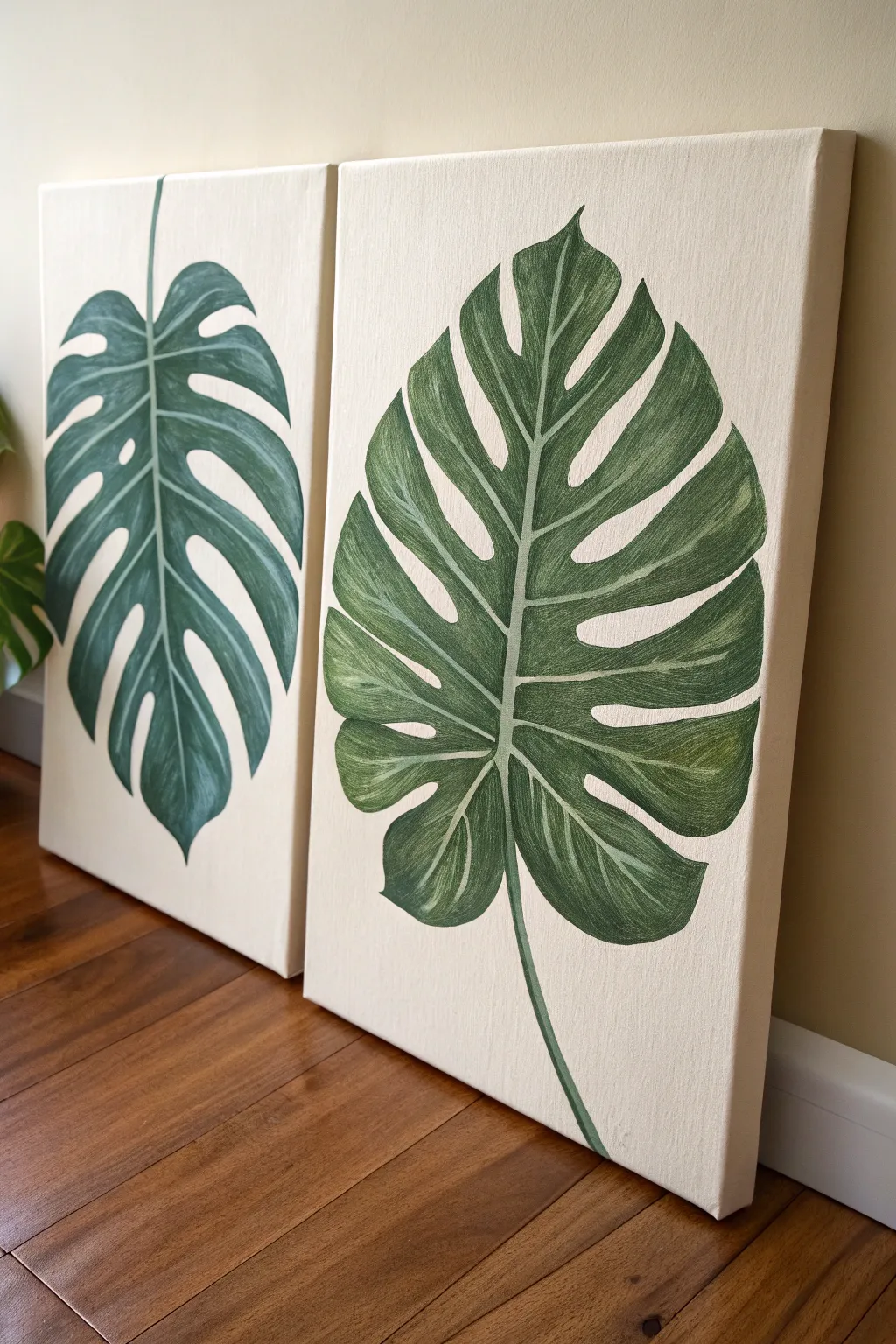 Minimalist diptych leaf halves with perfectly aligned veins for a calm modern botanical look.