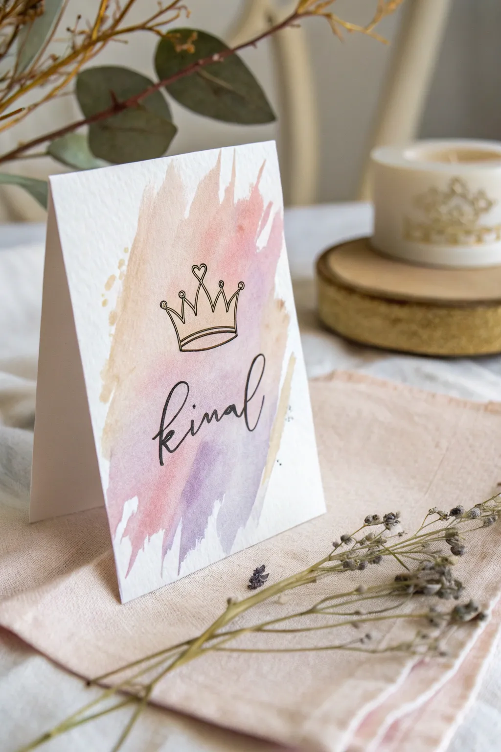 Minimal Disney inspired watercolor card with abstract lettering strokes and a tiny crown icon
