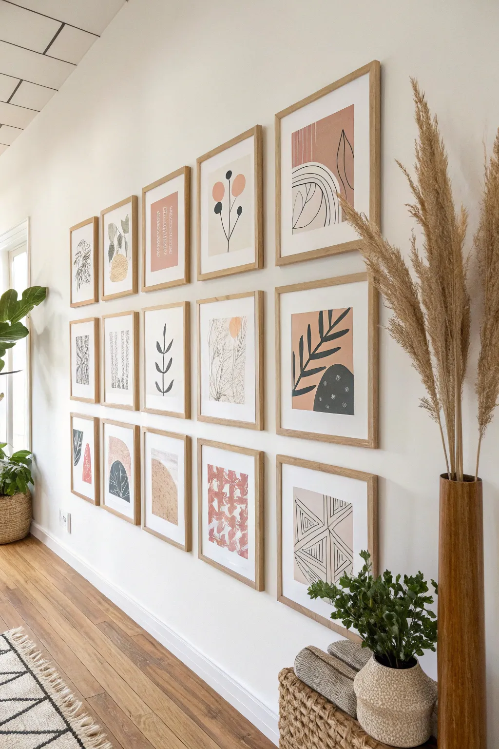 Mini grid of abstract panels in matching oak frames, perfect for an easy DIY gallery wall.