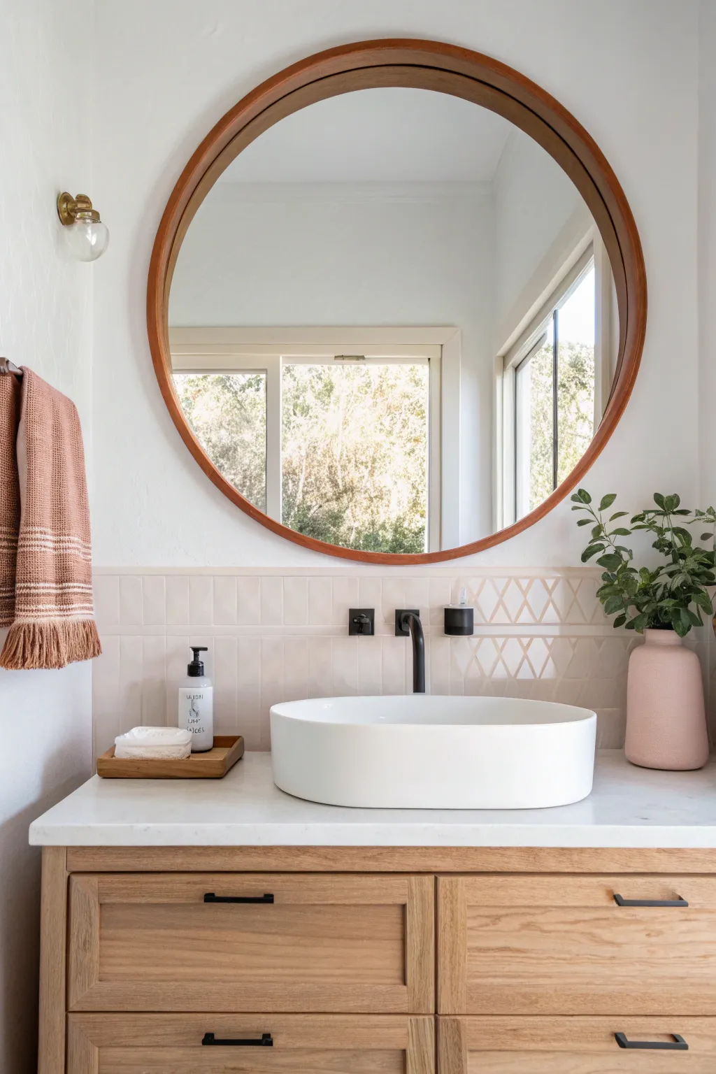 DIY idea: paint a soft arch behind the mirror for a calm, halo-like focal point.