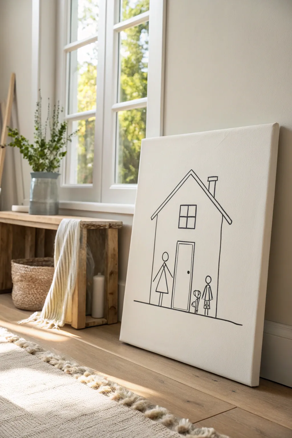 Minimalist family house portrait canvas for cozy DIY home decor, Scandinavian boho entryway vibe