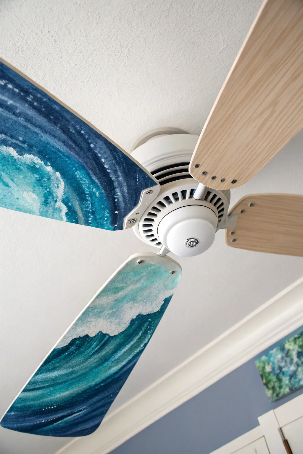 Coastal wave blues on a DIY fan blade, crisp gradient layers with a soft breezy motion hint.