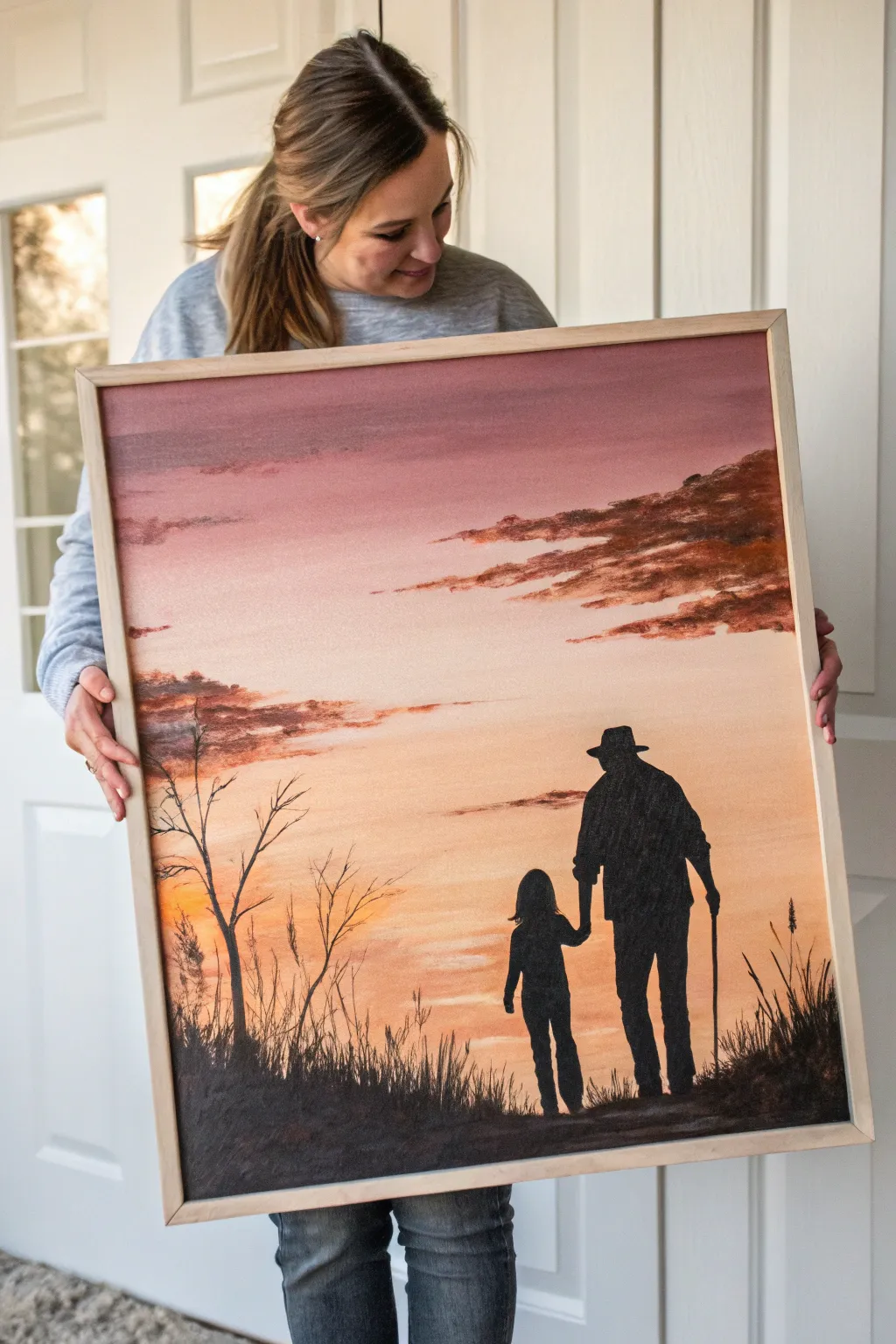 Minimal sunset silhouette canvas with dad and child, high contrast, calm and heartfelt Fathers Day DIY