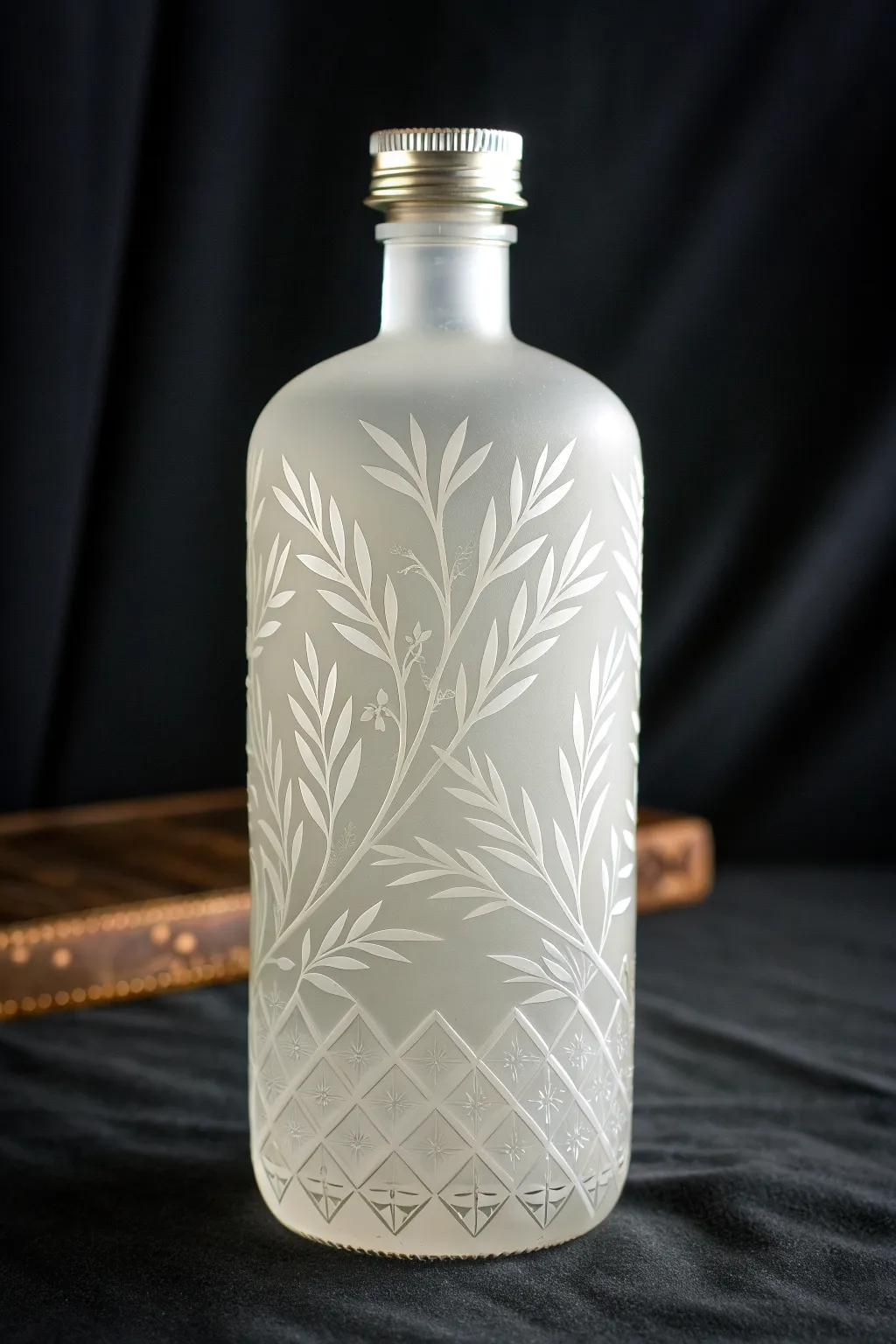 Etched frosted glass bottle DIY idea, minimalist and boho with bold contrast and soft texture.