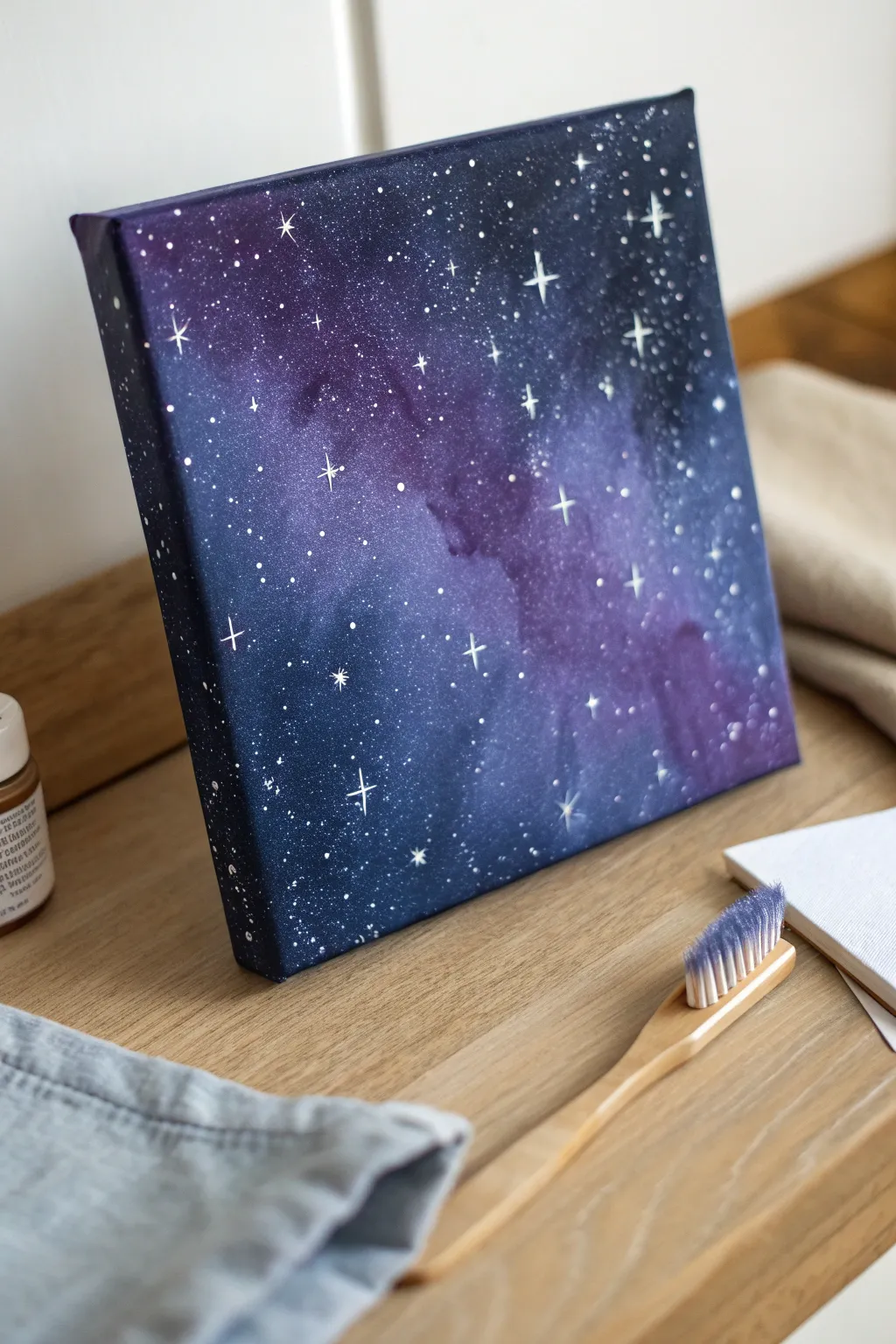 DIY galaxy canvas: deep blues, violet glow, and simple splatter stars for a dreamy night sky