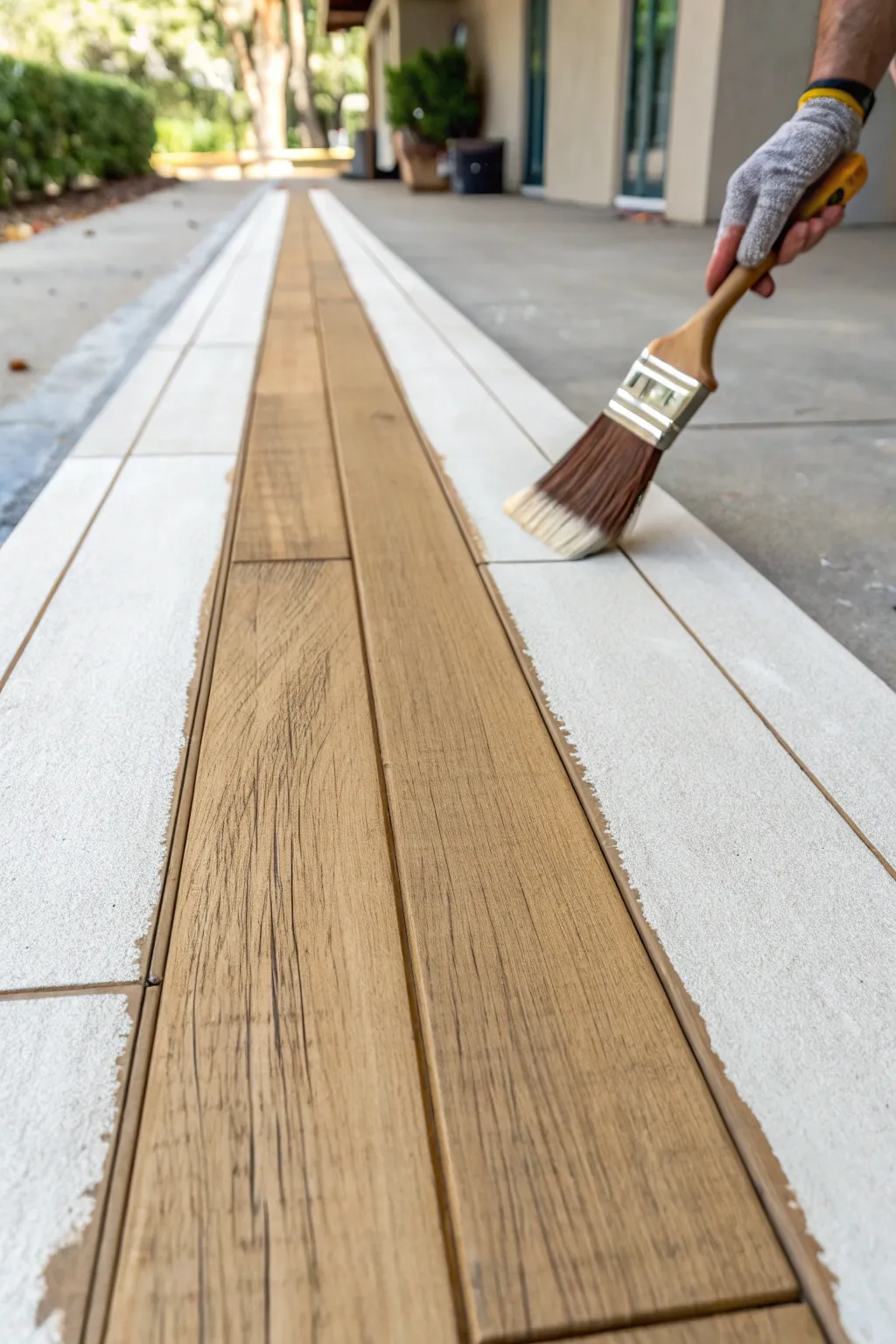 A simple brush detail gives painted concrete faux wood planks that cozy cabin floor feeling.