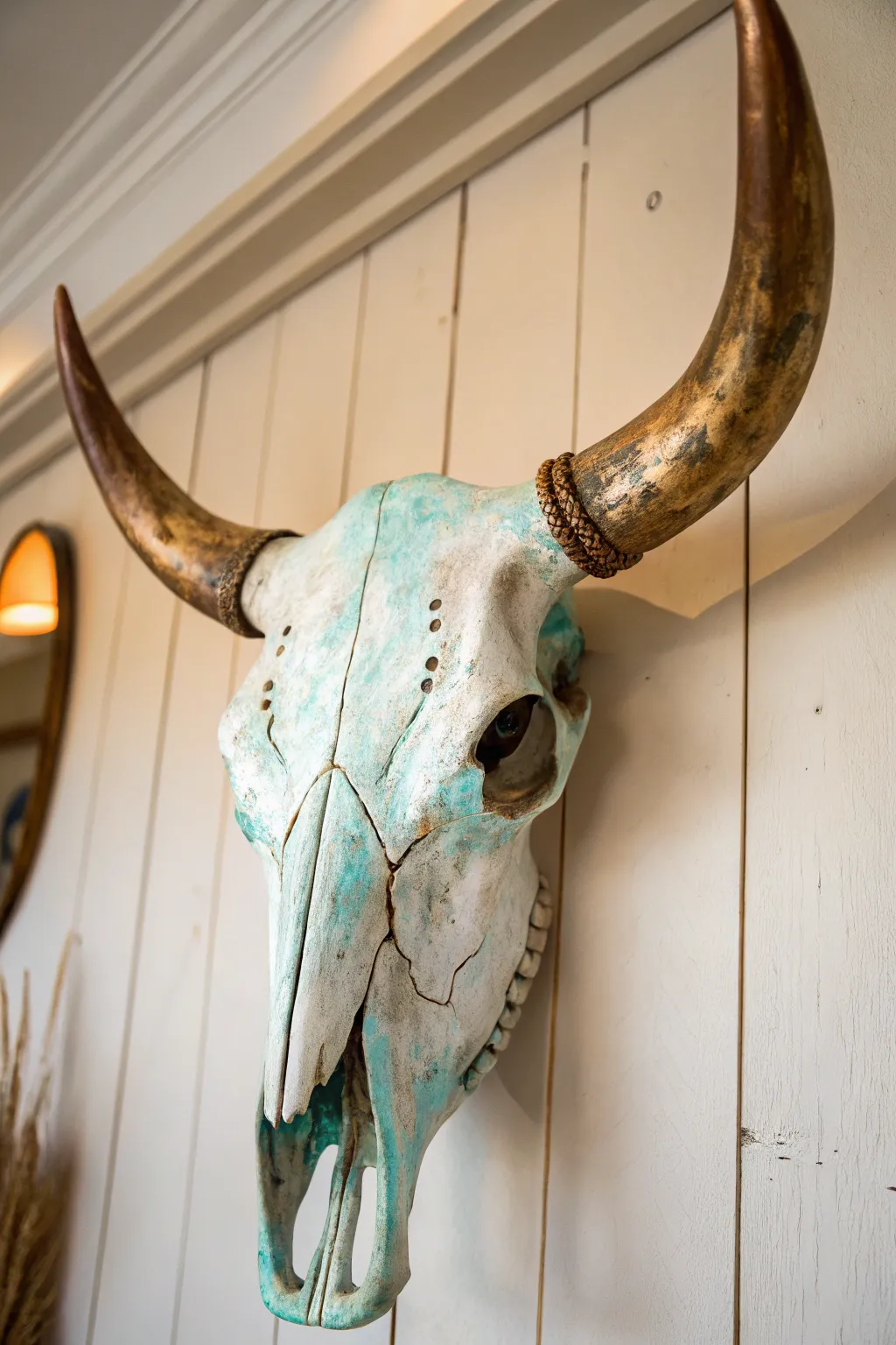 Painted cow skull with aged copper accents and teal patina for a soft boho-minimal look