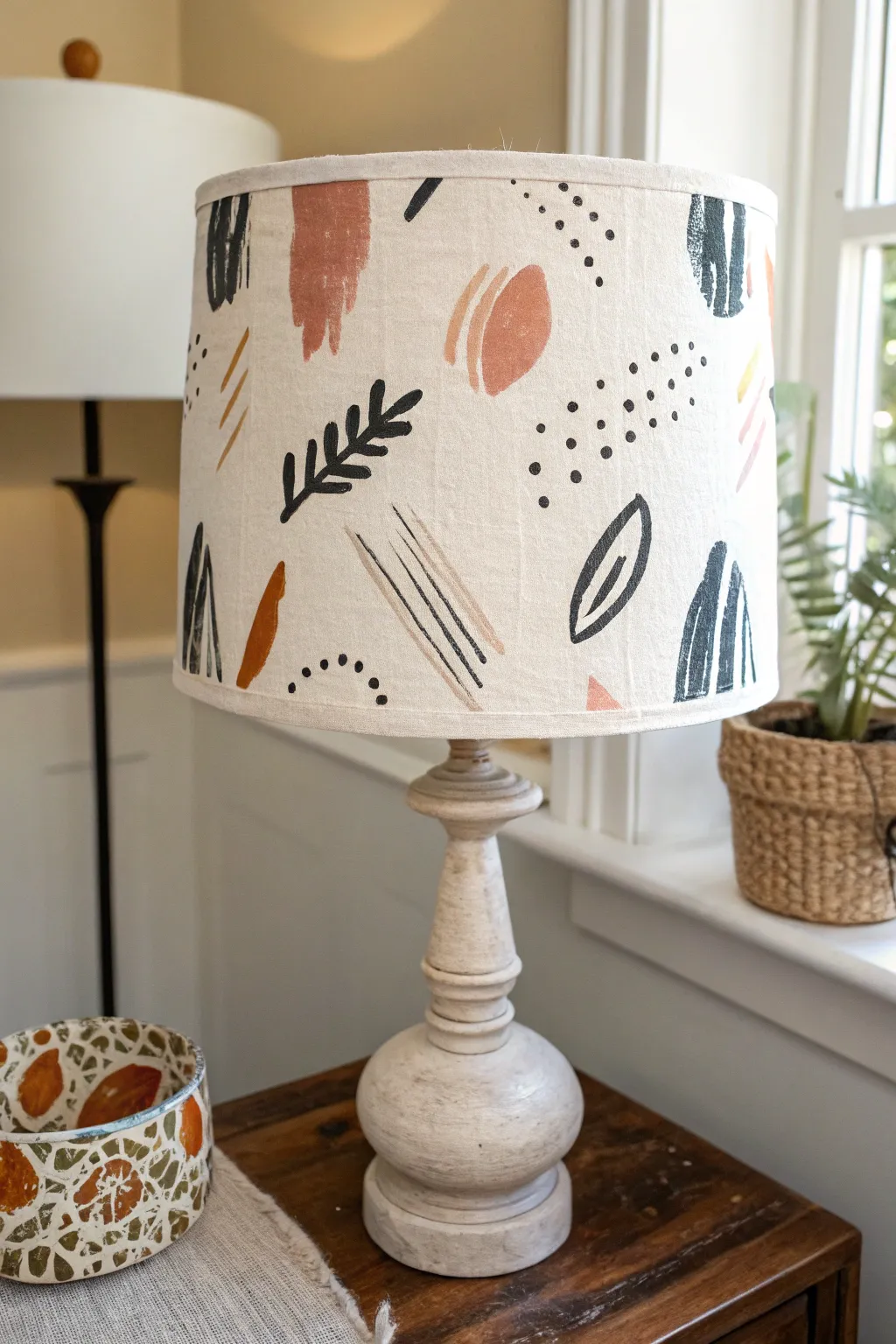 Loose abstract brush shapes turn a DIY painted lampshade into a crisp Scandi boho accent.