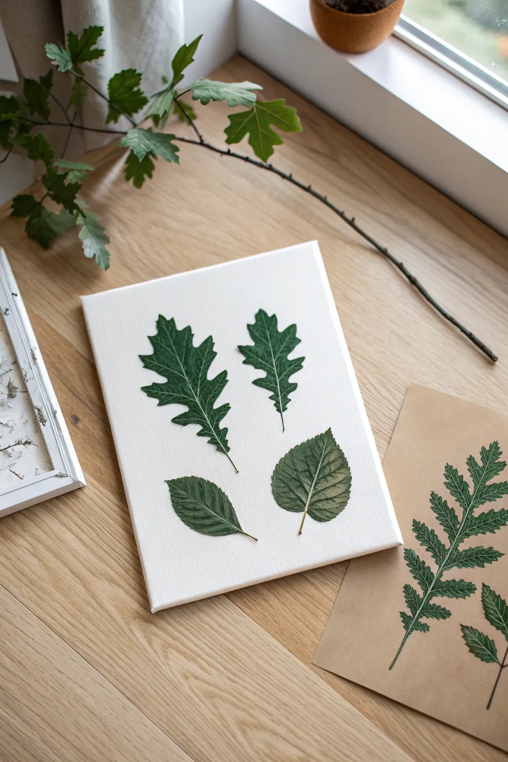 Crisp painted leaf shapes made with paper cutouts, minimalist boho palette, satisfying DIY method
