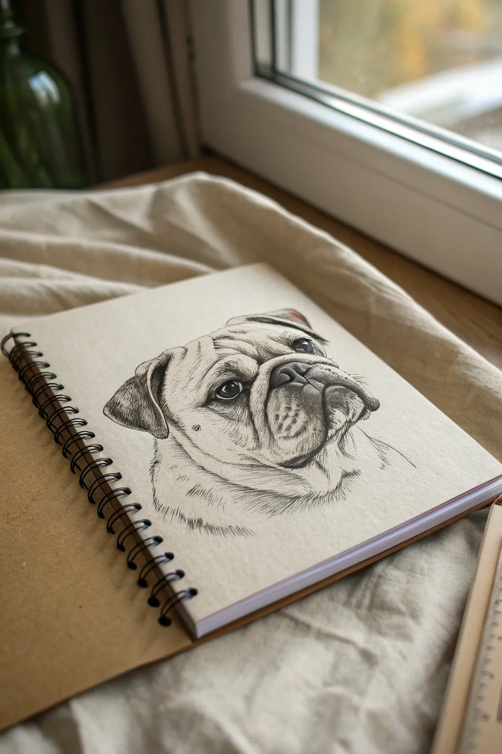 Squishy-face pug portrait in clean lines and soft shading for minimalist dog sketch ideas