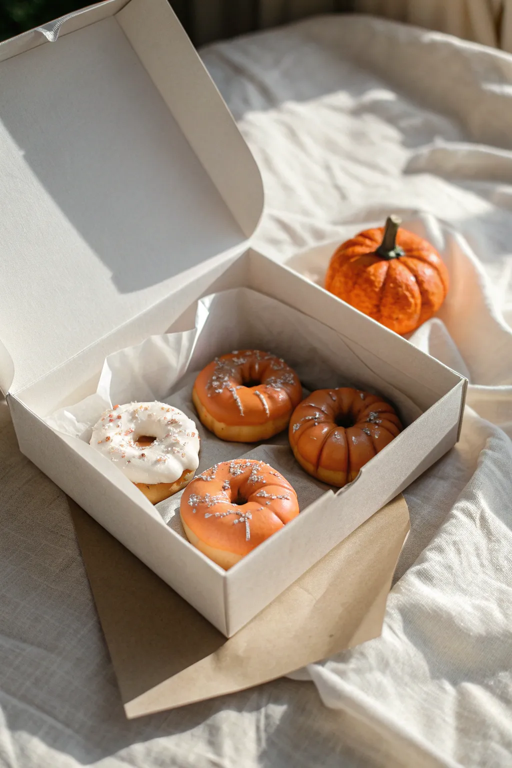 Donut pumpkins in a plain bakery box create a charming, almost-edible autumn illusion.