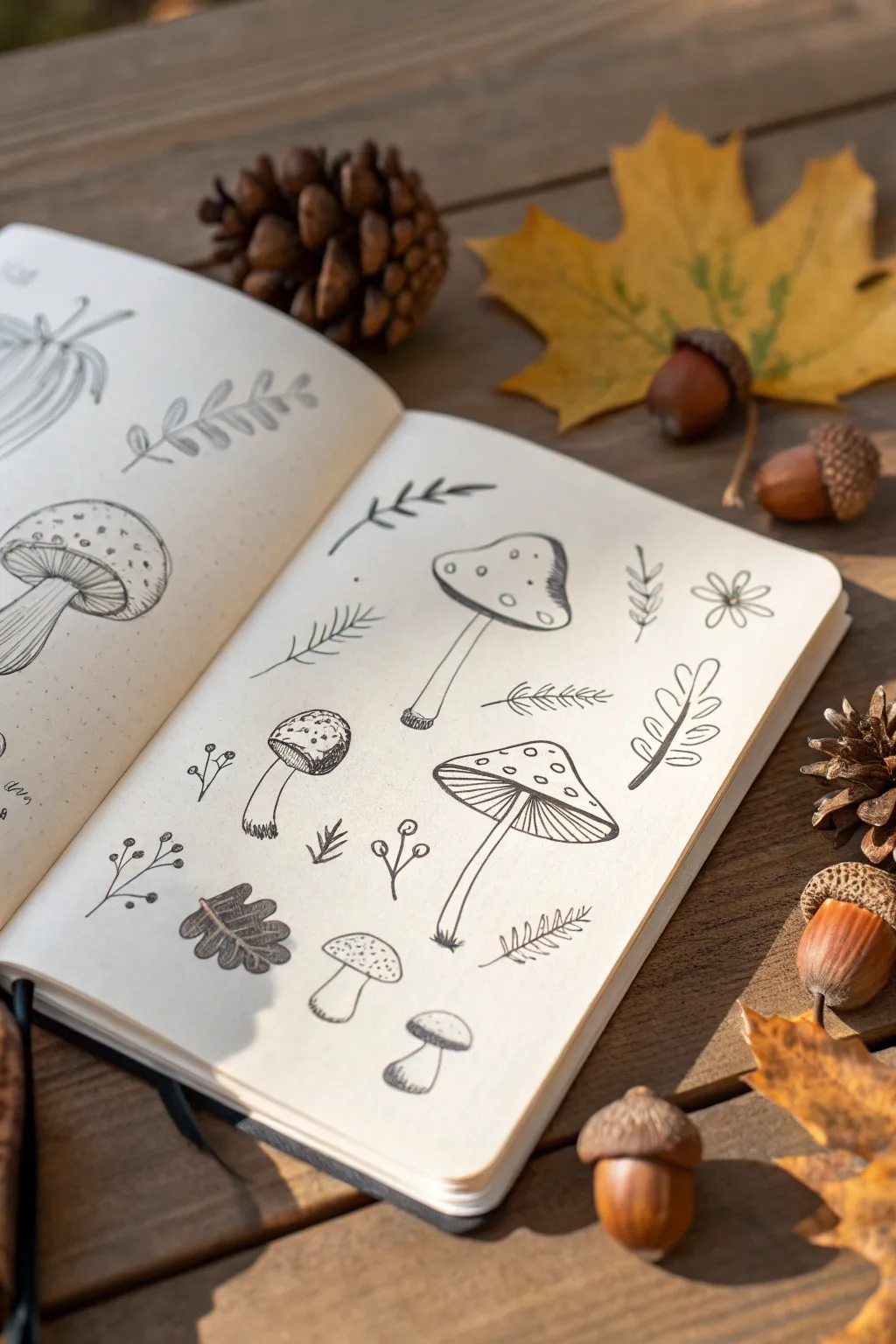 Minimal mushroom doodle page with tiny woodland accents, crisp linework and soft shading.