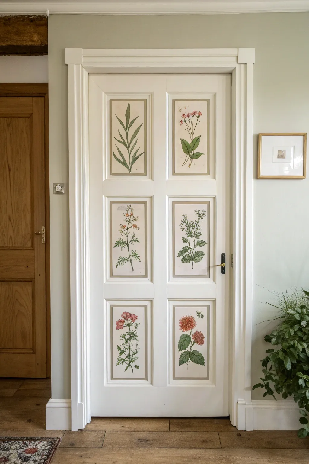 Four-panel door as a botanical window artwork, clean borders and soft Scandinavian boho charm.