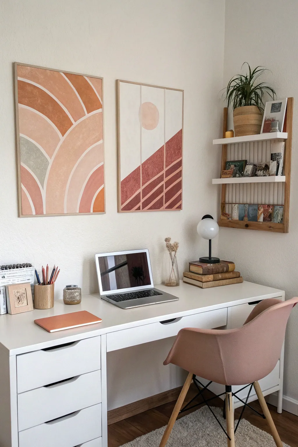 A calm dorm study nook: two coordinated mini canvases above the desk for instant cohesion.