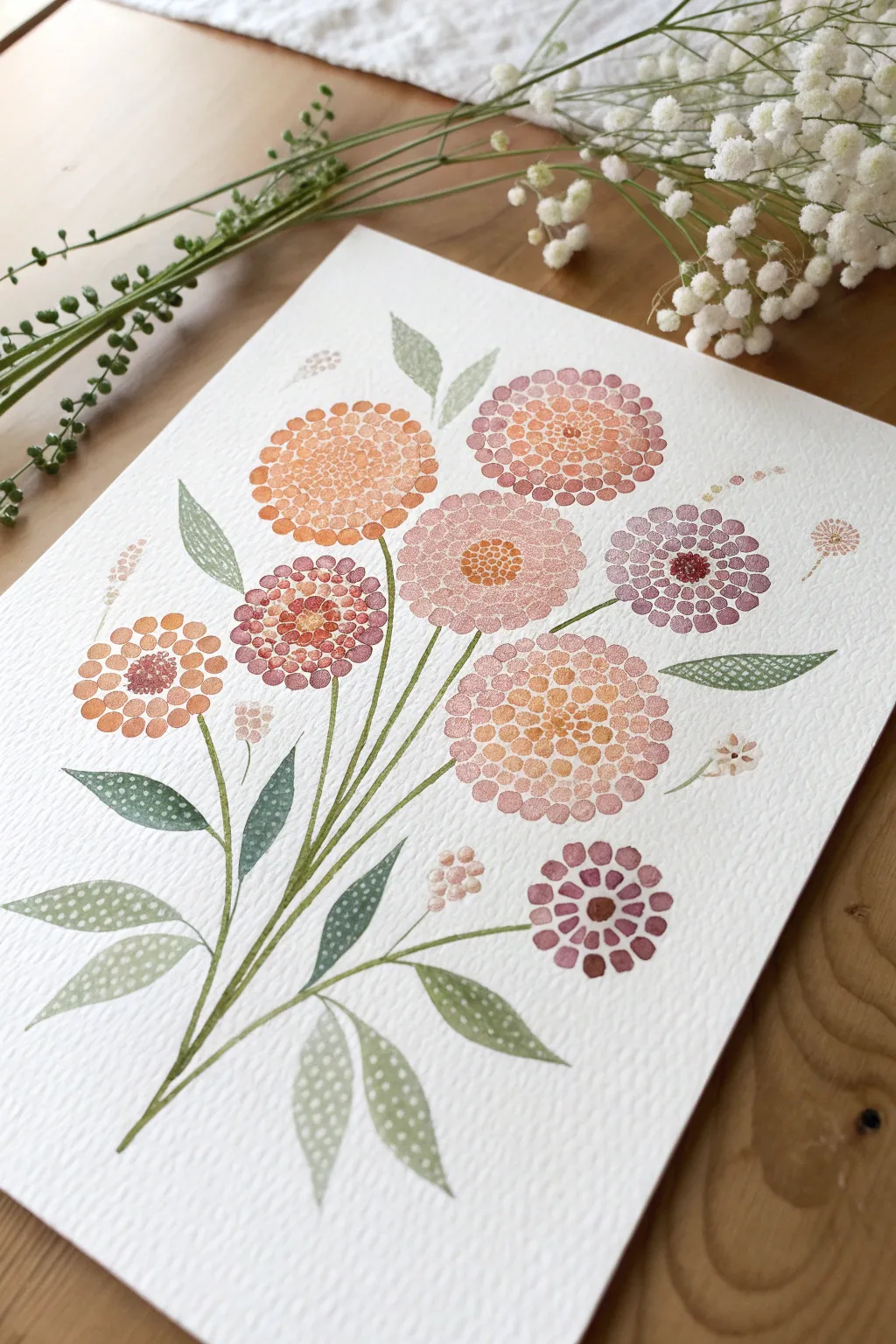 Floral dot bouquet in soft boho tones, a minimalist Scandinavian-inspired dot painting idea