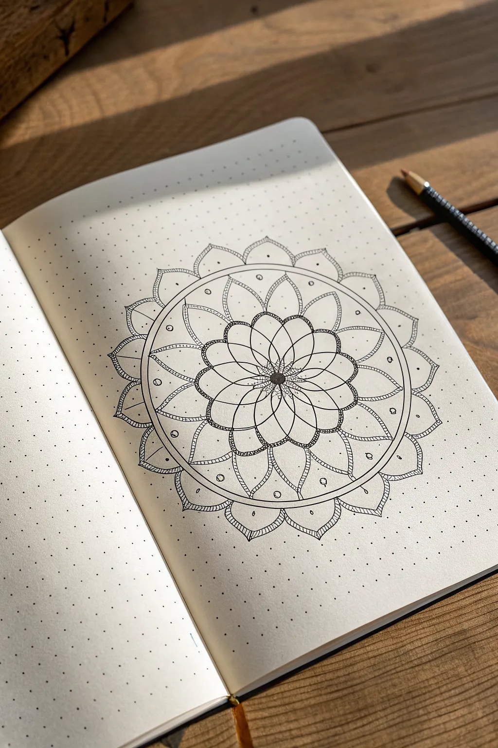 Dot-grid mandala rings with crisp petals and arcs, built by counting dots for soothing symmetry