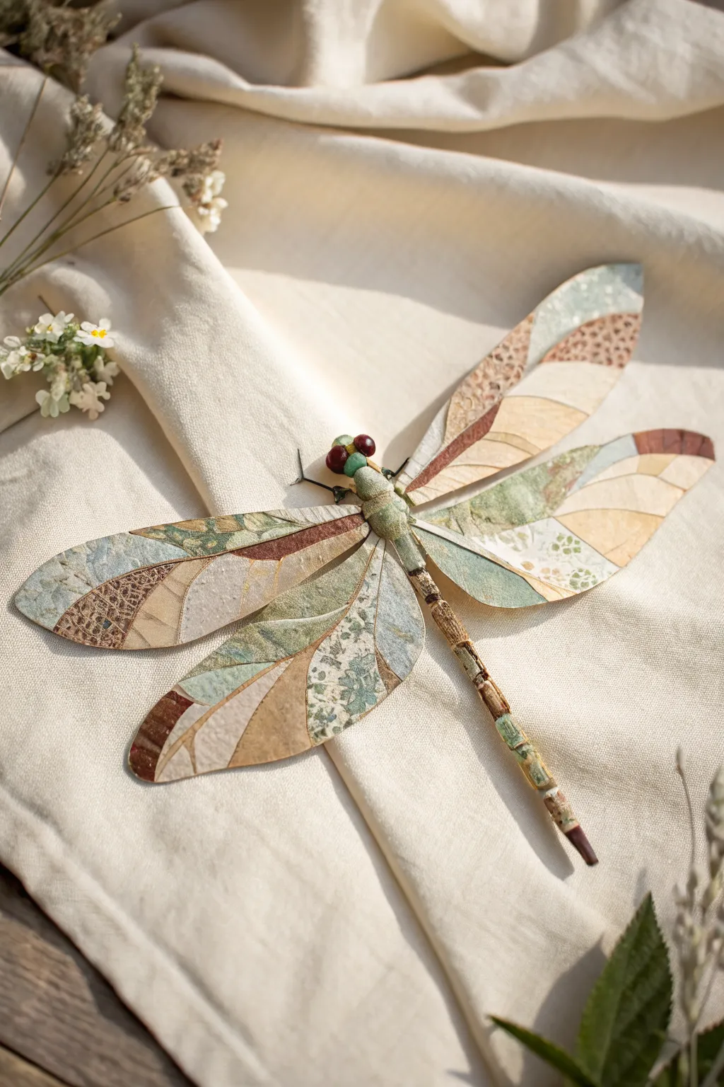 Layered cut-paper dragonfly collage with patterned wings for an easy, elegant craft.