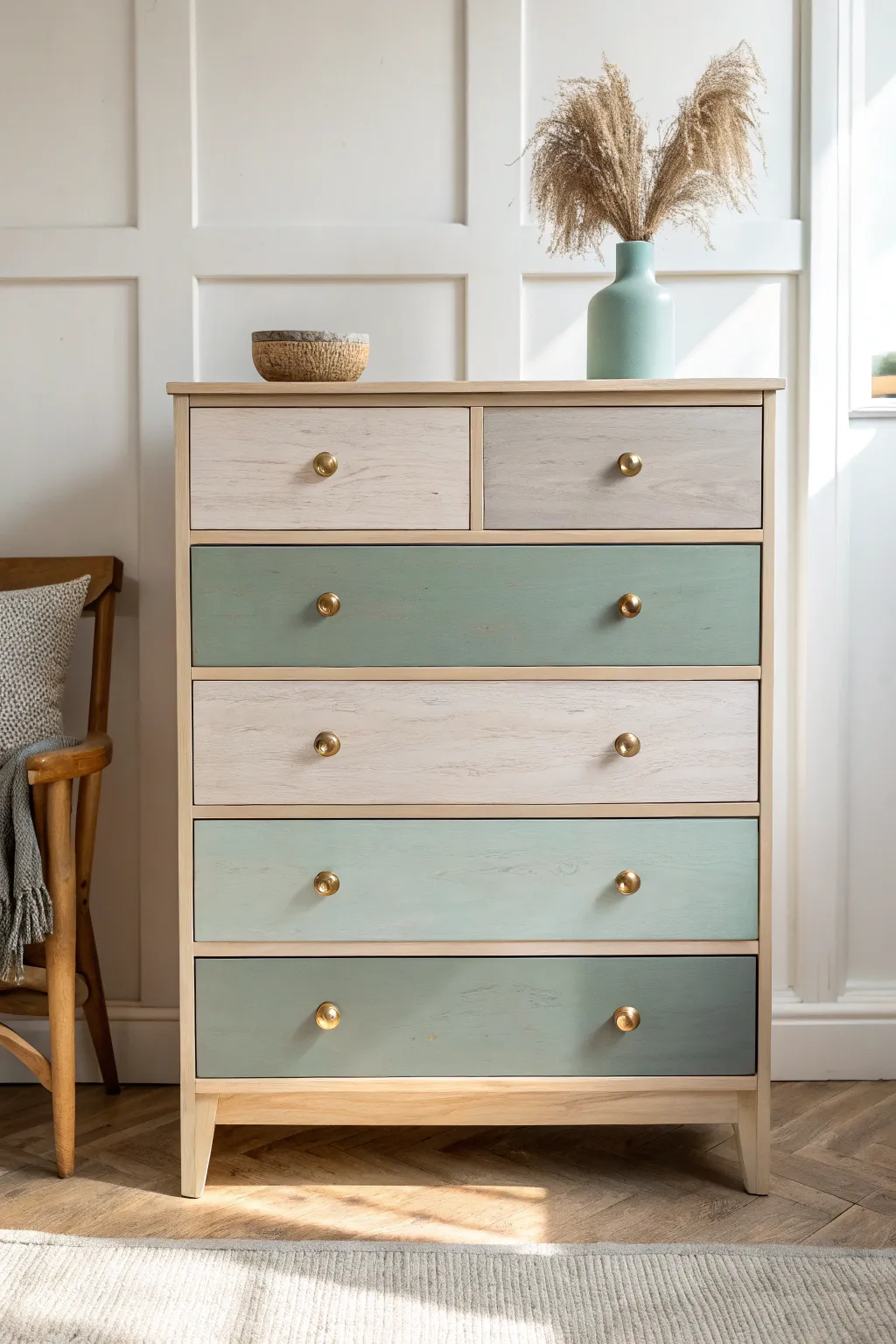 Stacked pastel drawer colors on a minimalist dresser for a chic Scandinavian-boho statement.