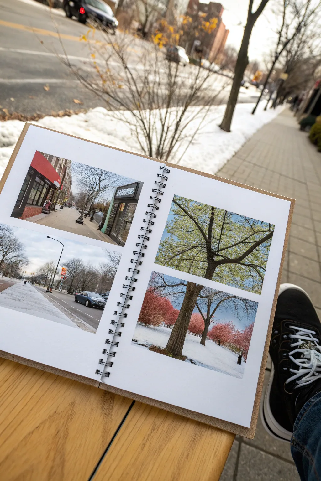Same street corner in spring, summer, autumn, winter—minimal watercolor grid to recreate easily.