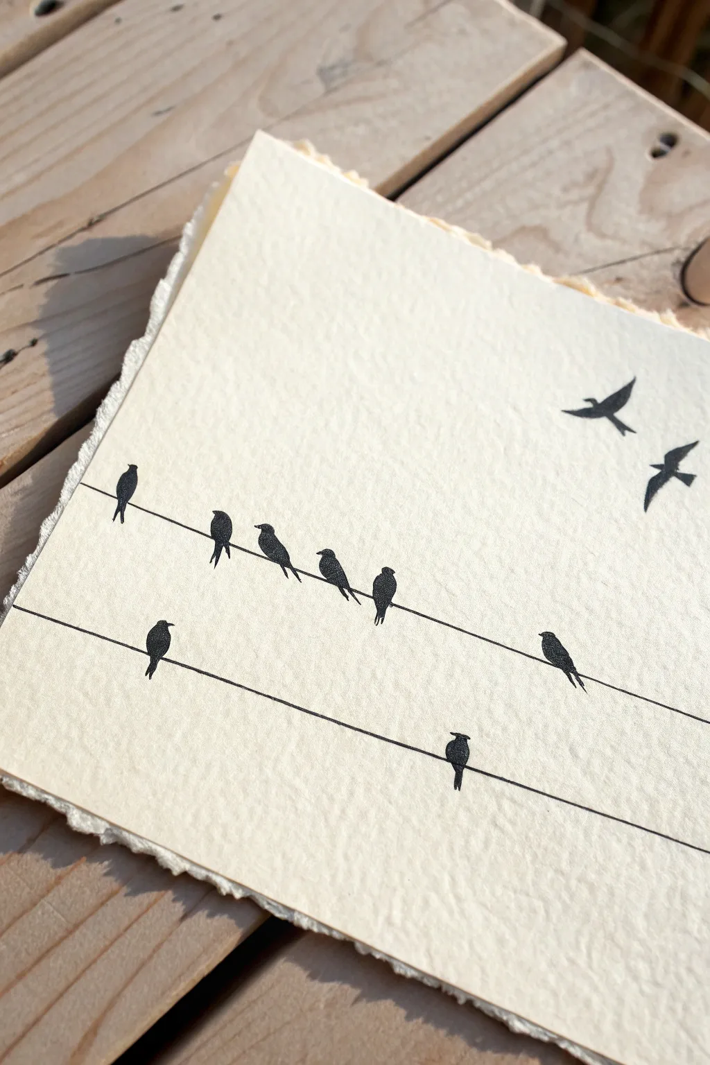 Minimalist birds on a diagonal power line, ideal for practicing spacing, rhythm, and gesture