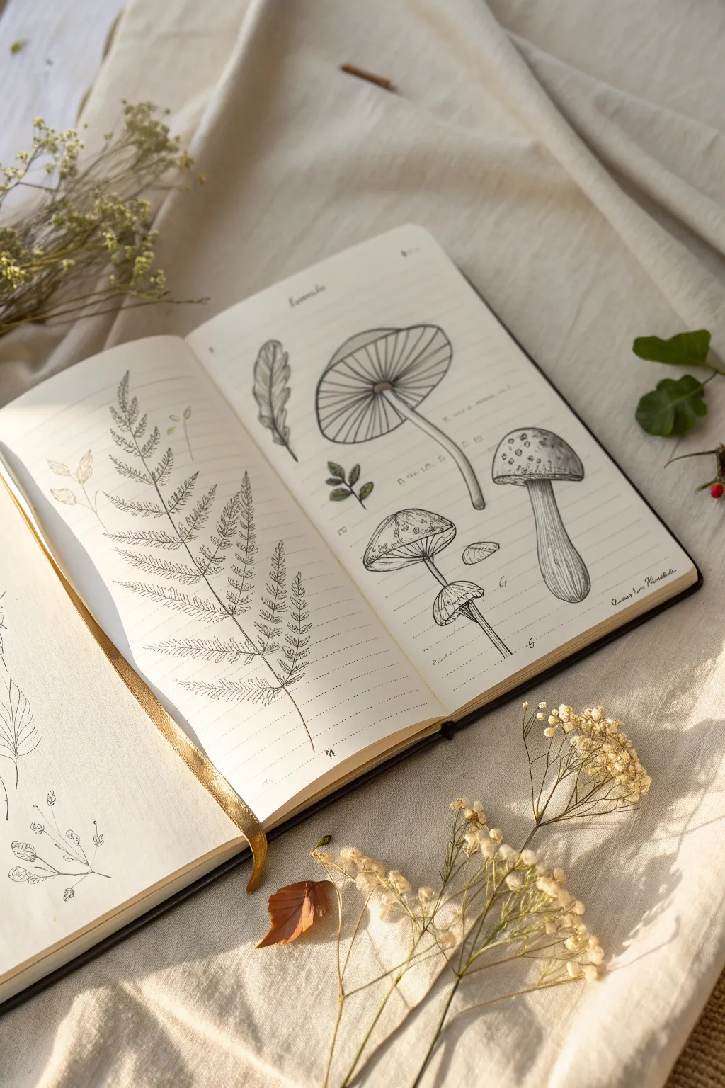 Create a calming specimen spread with delicate nature sketches and soft minimalist shading