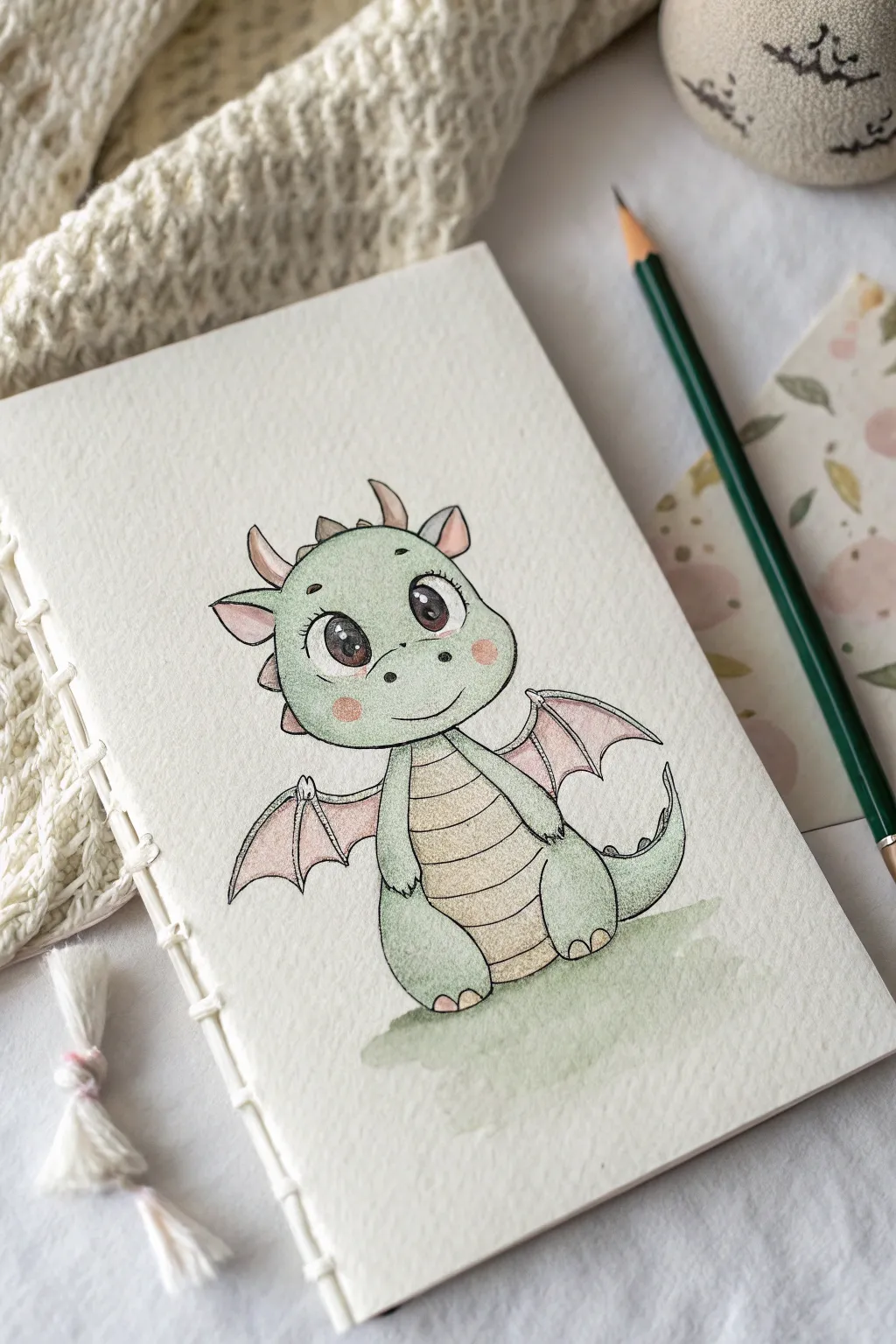 Cute baby dragon head with oversized eyes, minimal Scandinavian linework and soft boho watercolor.