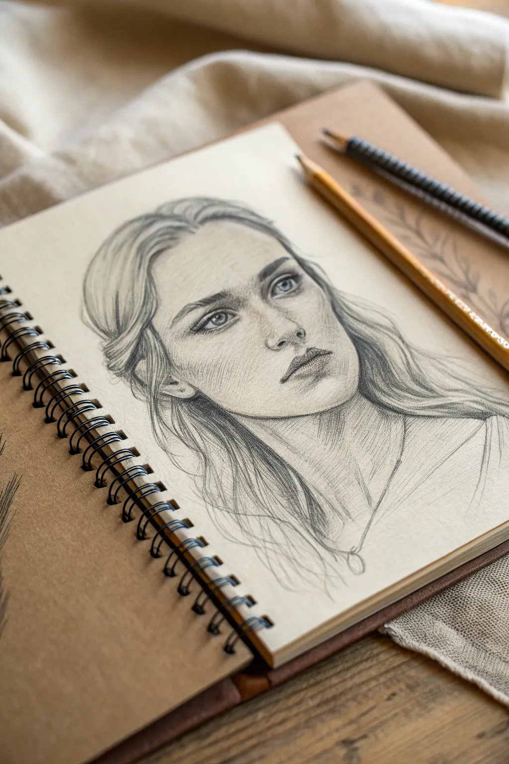 Flowing hair frames the face with a clean part and bold dark strands for striking contrast.