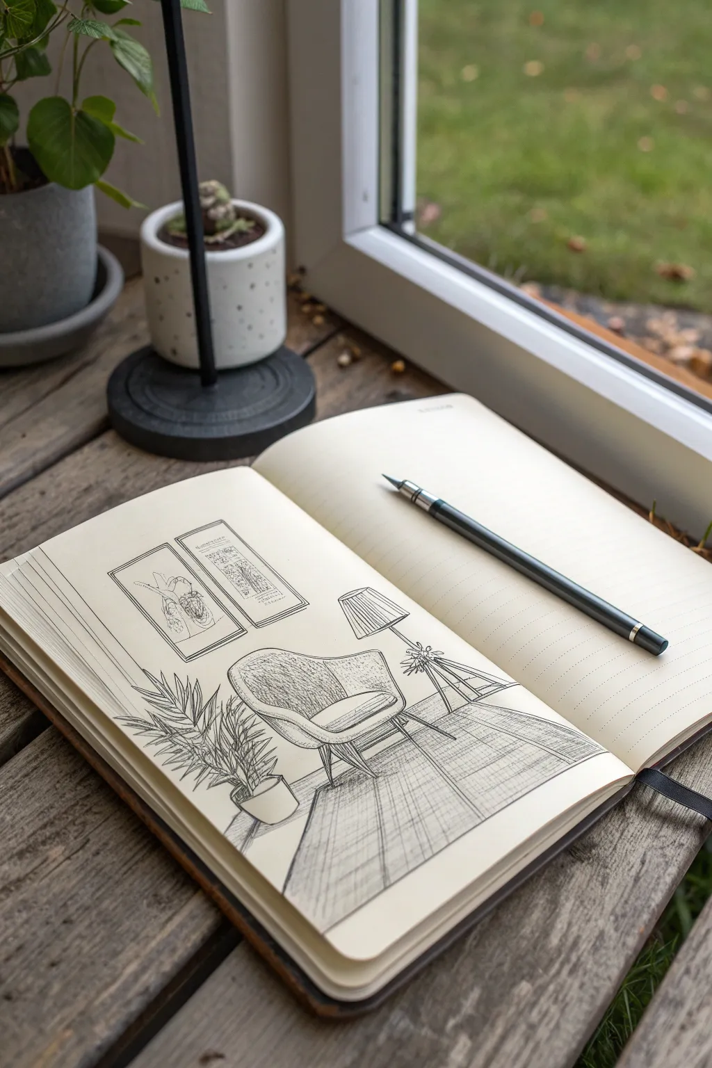 Cozy corner drawing in one-point perspective with clean lines, calm contrast, and gentle shading