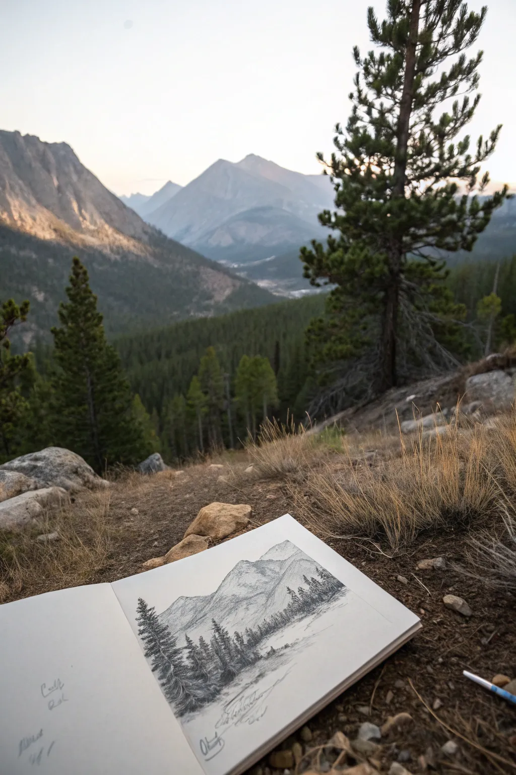 Simple layered mountain sketch showing foreground, middle ground, and misty background depth.