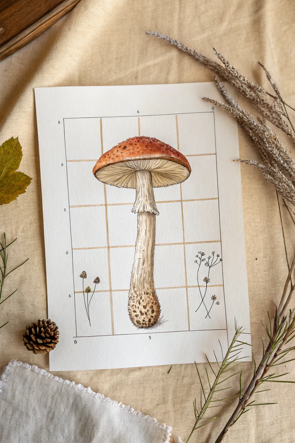 Step-by-step mushroom drawing: dome cap, cylinder stem, gills, spots, soft shadow.