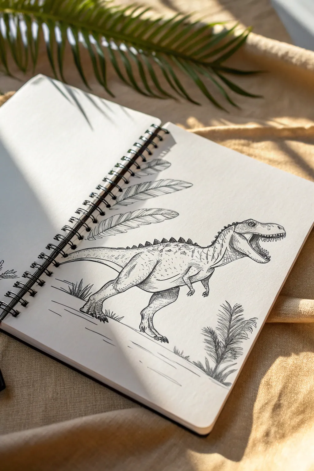 Dynamic dinosaur action sketch with motion lines, simple shapes, and textured shading for kids 12