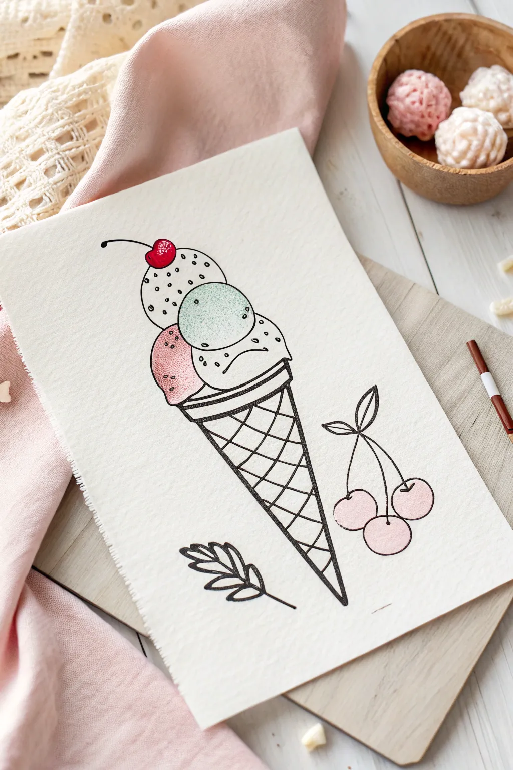 Sweet ice cream cone drawing for kids, thick outlines and fun toppings in soft pastel tones