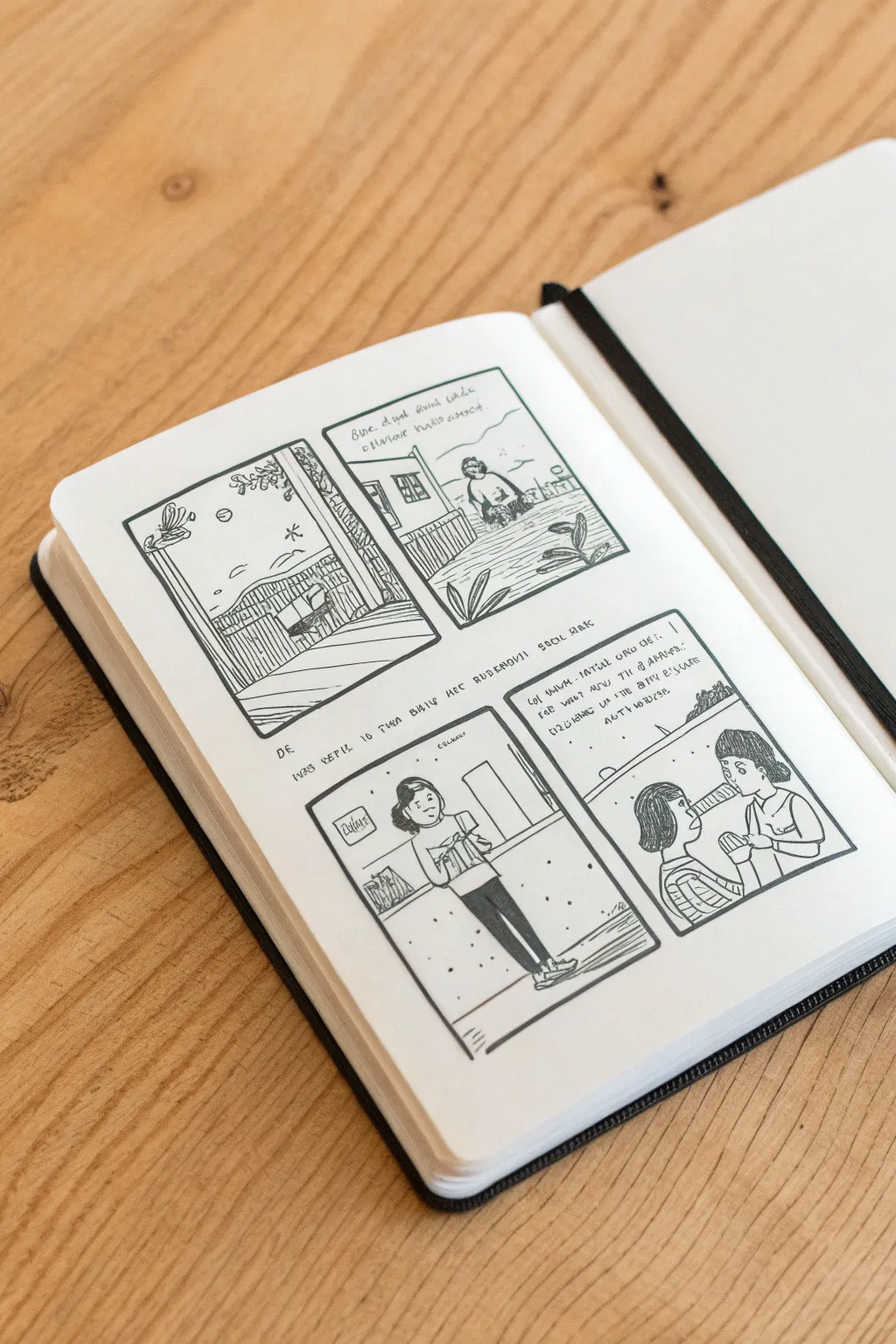 Minimal four-panel mini comic sketch, teen-life moments in bold ink with soft boho neutrals