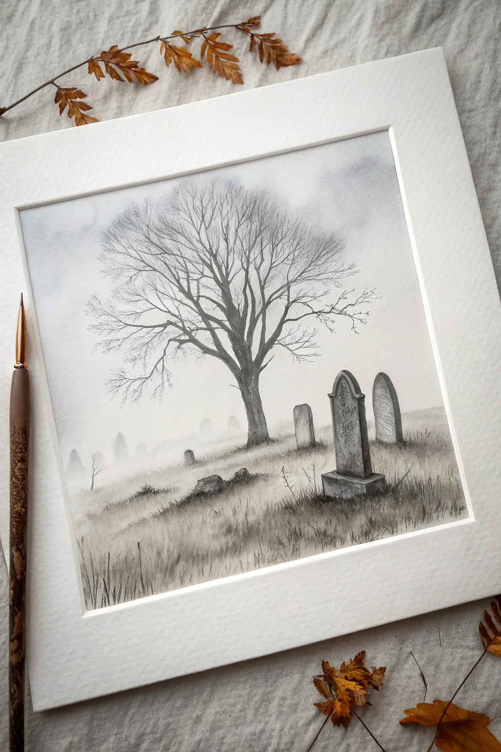 Minimal graveyard vignette with tombstones, a bare tree, and mist in pencil and soft wash.
