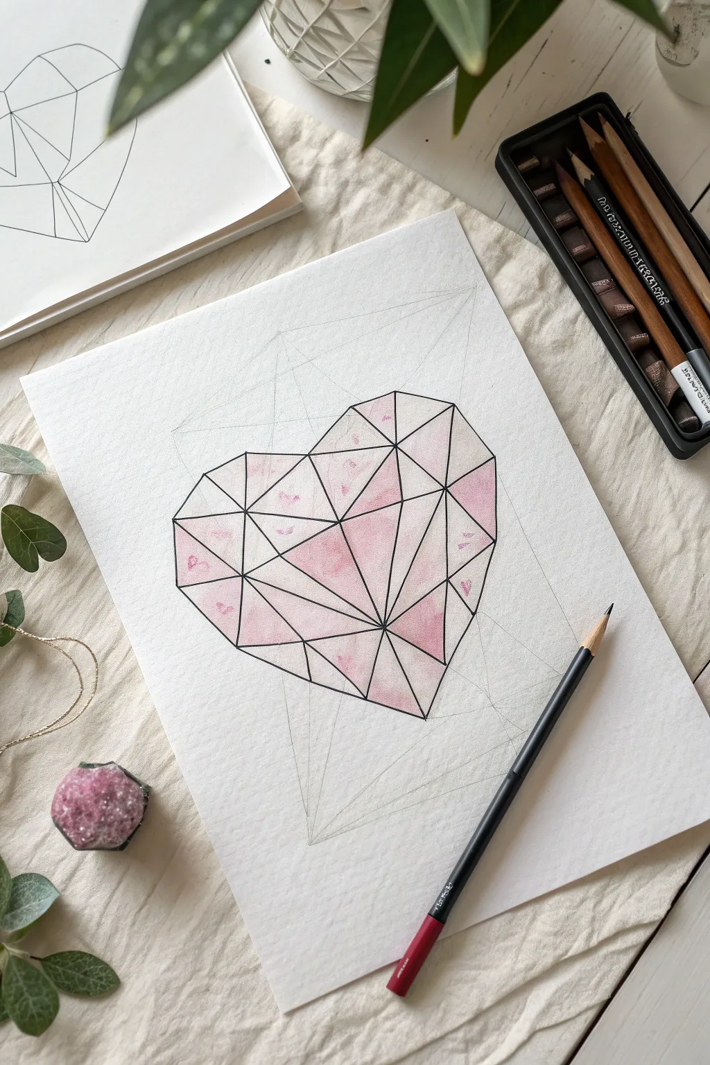 Discover the beauty of geometry with this stunning faceted crystal heart drawing idea.