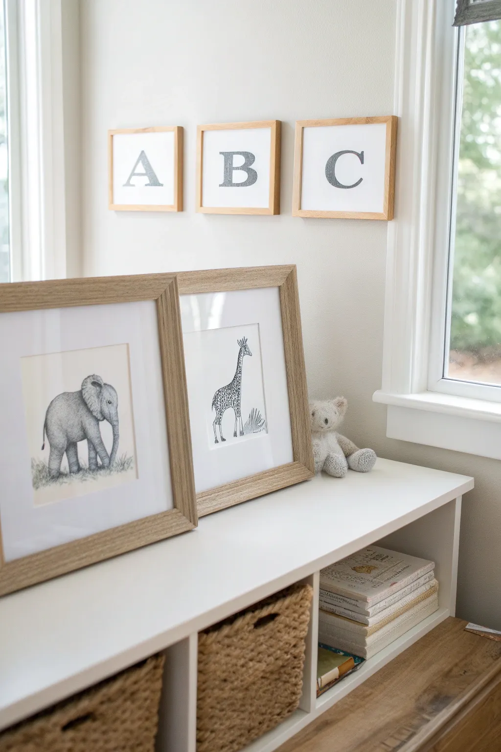 Minimal nursery alphabet set: three baby animal prints in neutral frames, simple and sellable decor