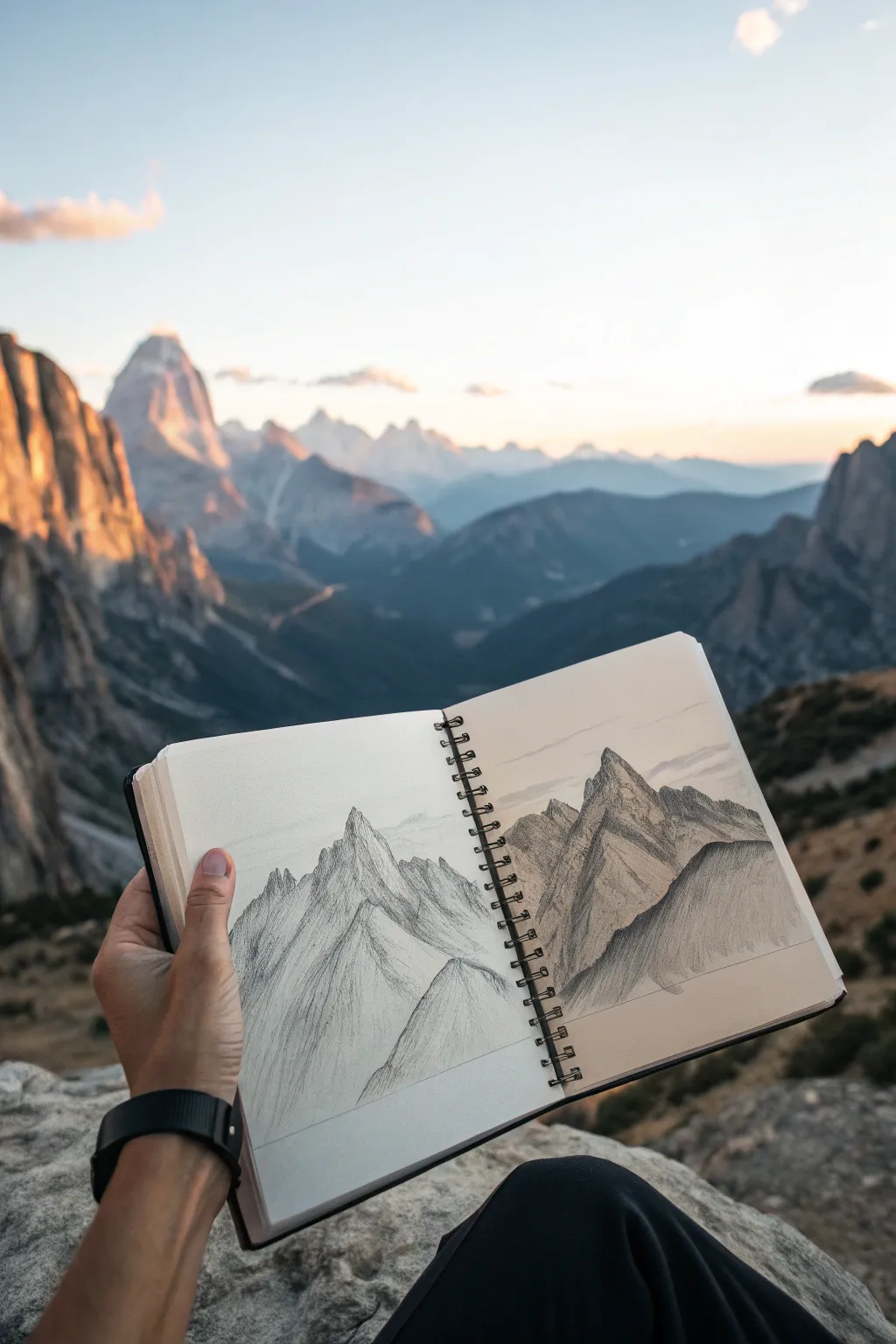 Pencil mountain study with atmospheric perspective: soft distant peaks and a bold dark foreground ridge