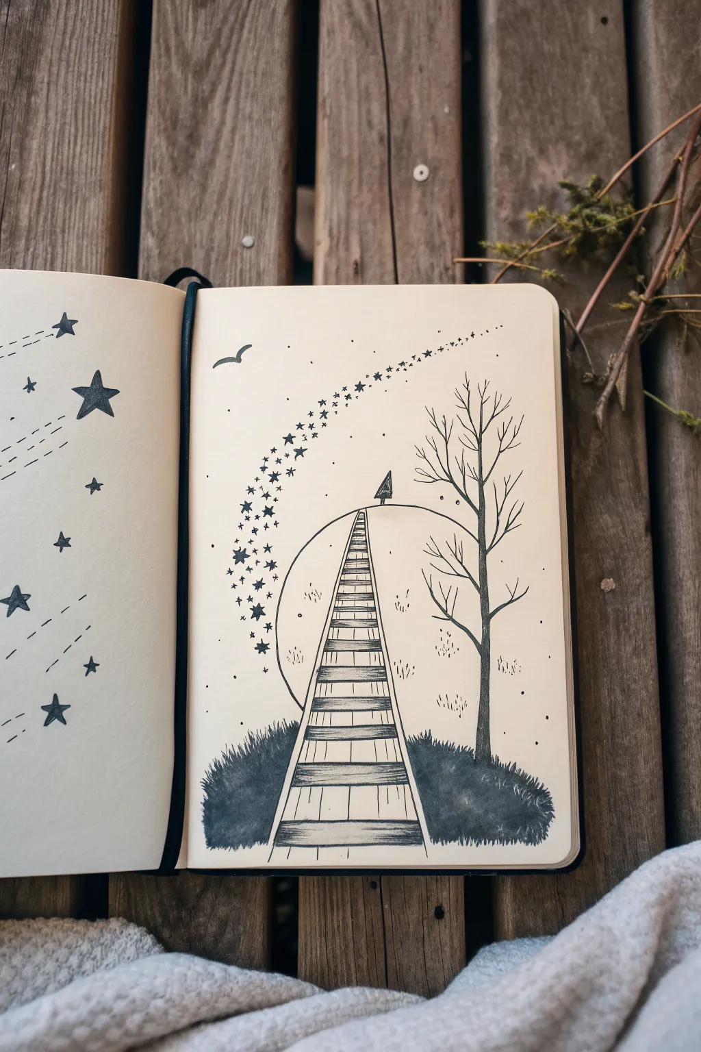 Open sketchbook portal: pages become a stairway into a starry sky, Scandinavian minimal with boho warmth.